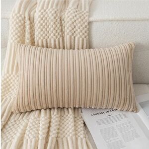 Cream Boho Stripe Corduroy Long Rectangular Lumbar Pillow Cover 14x24” (1-Count)